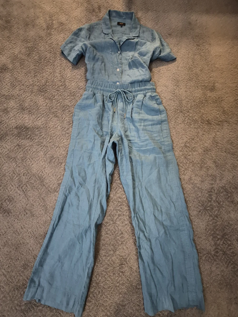 Quince 2-Piece European Linen Set SS Shirt & Wide Leg Pants Mineral Blue - M